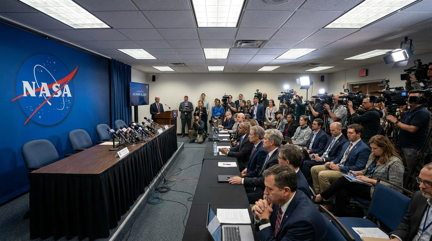 NASA press briefing room packed with journalists and cameras during the UAP Independent Study Team report announcement