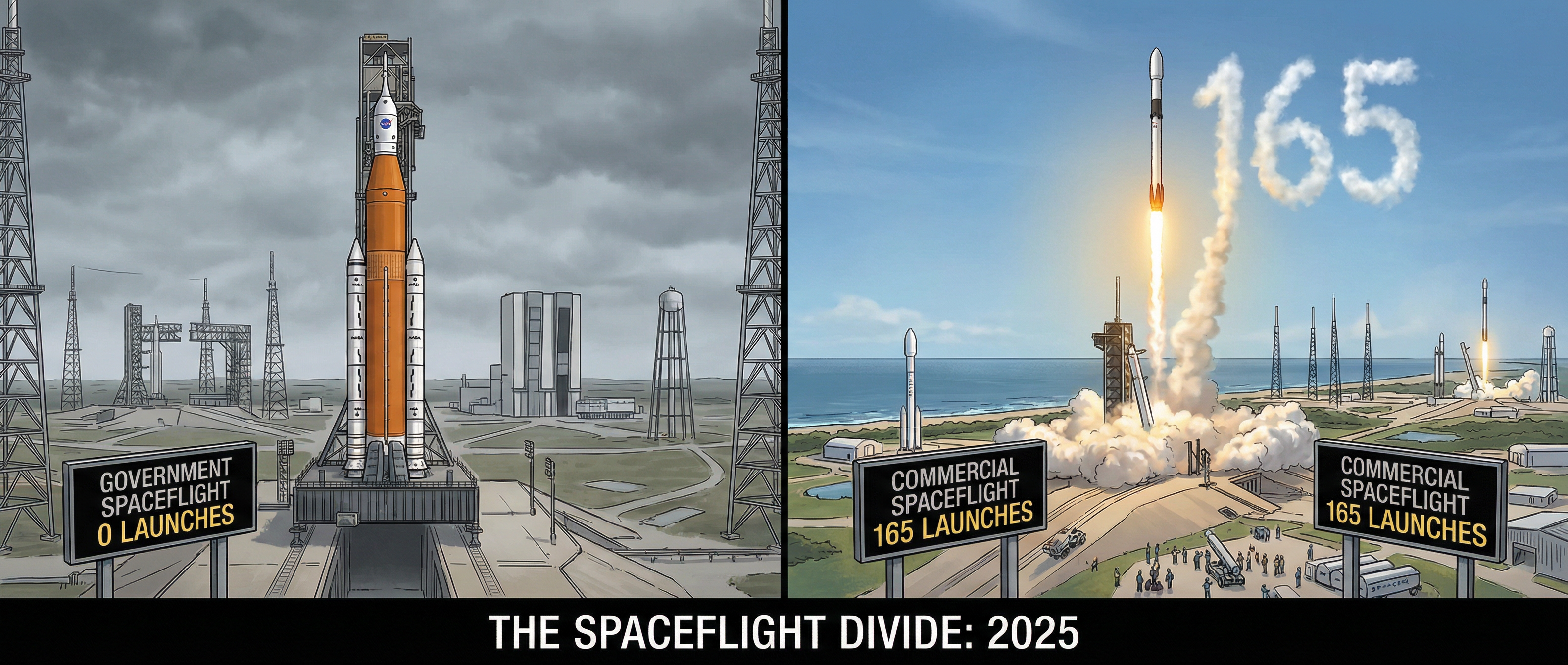 Illustration comparing the 2025 spaceflight divide – a dormant government rocket versus the commercial sector's 165 launches