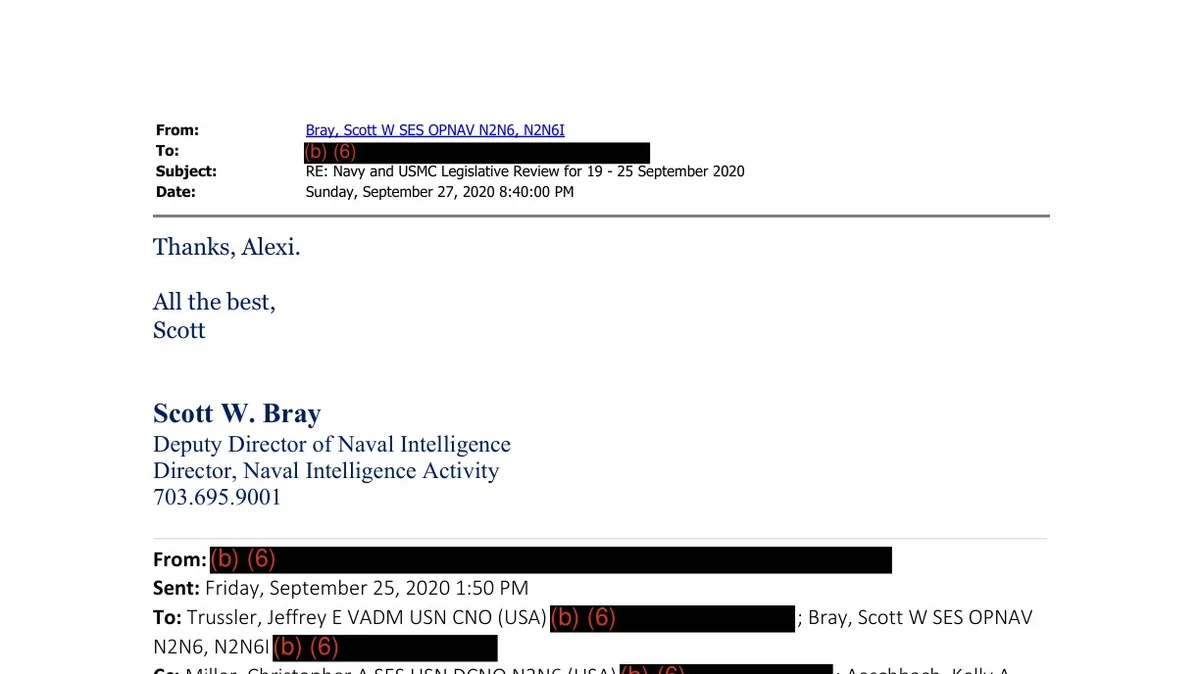Redacted Navy email from Scott Bray, September 27, 2020, forwarding that week's classified UAP briefing list