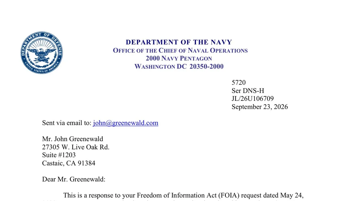 Department of the Navy FOIA response letter dated September 23, 2026, to John Greenewald on Scott Bray UAP emails