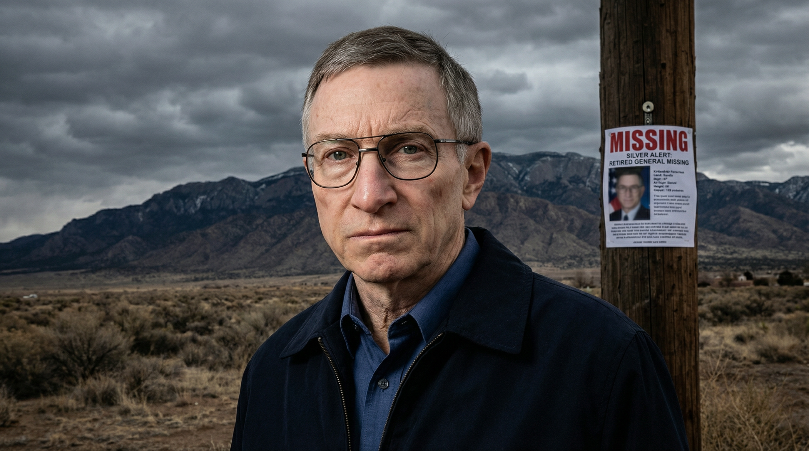 Retired USAF Maj. Gen. William McCasland near Albuquerque with a Silver Alert missing poster and the Sandia Mountains behind him