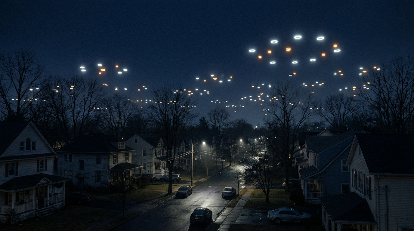 Dozens of mysterious drone-like lights hovering over a New Jersey suburban neighborhood at night