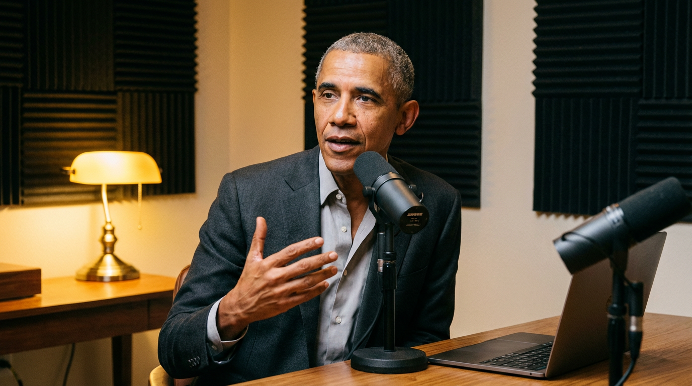 Barack Obama speaking into a microphone during a podcast interview in a studio with warm lighting