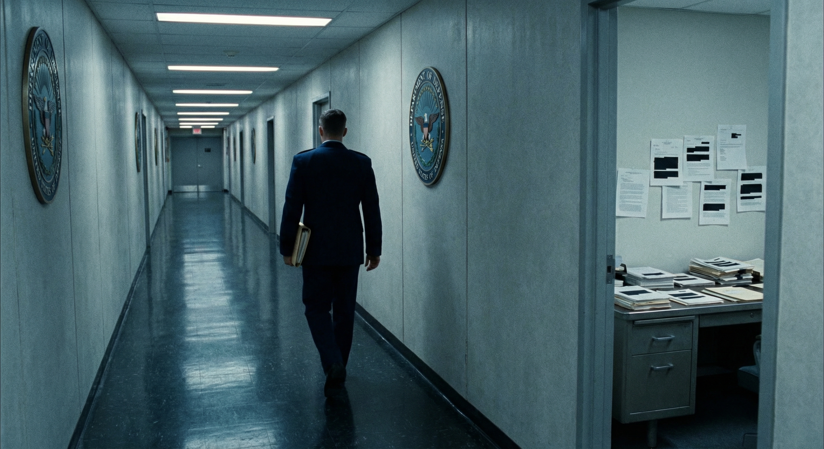 A Pentagon corridor with a figure carrying classified folders, redacted documents visible through an open office door