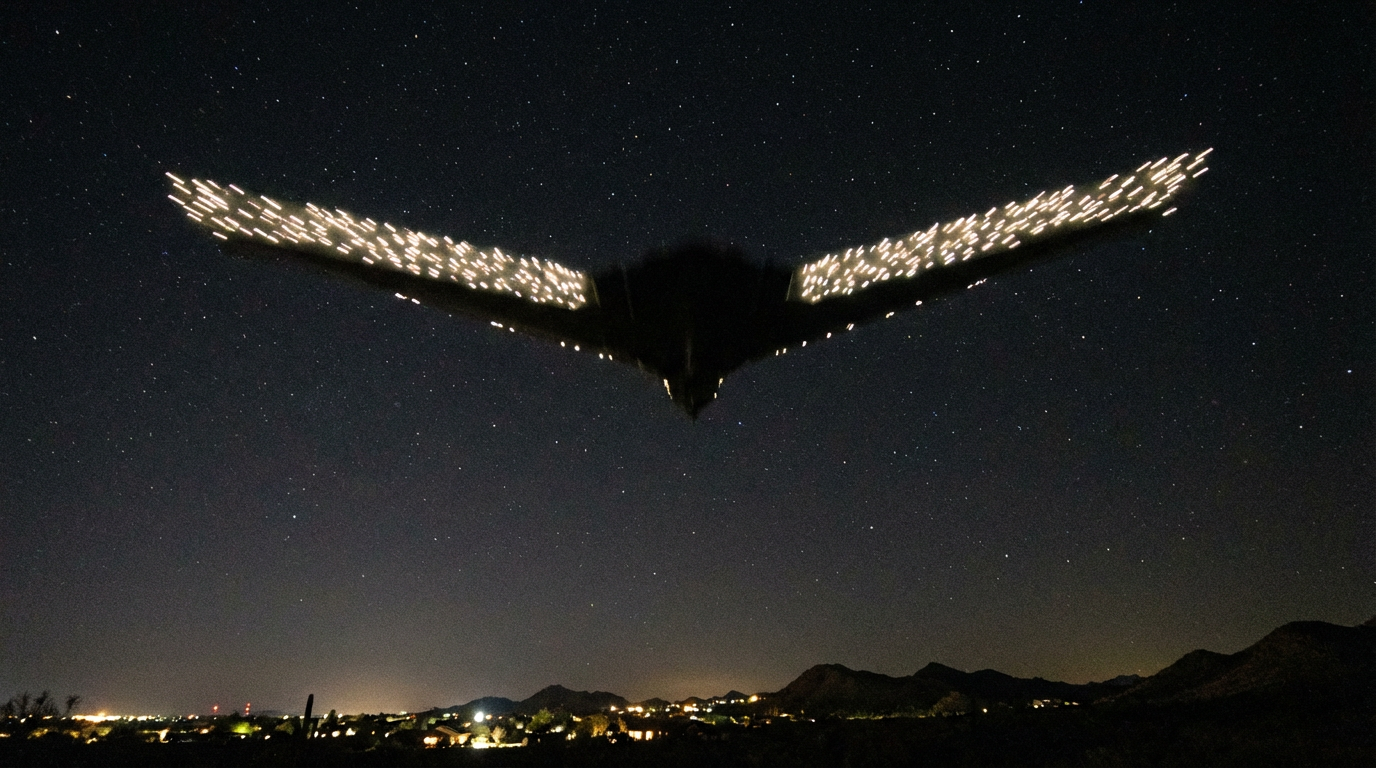 Illustration of a massive V-shaped formation of lights gliding silently over the Arizona desert at night, blocking out the stars