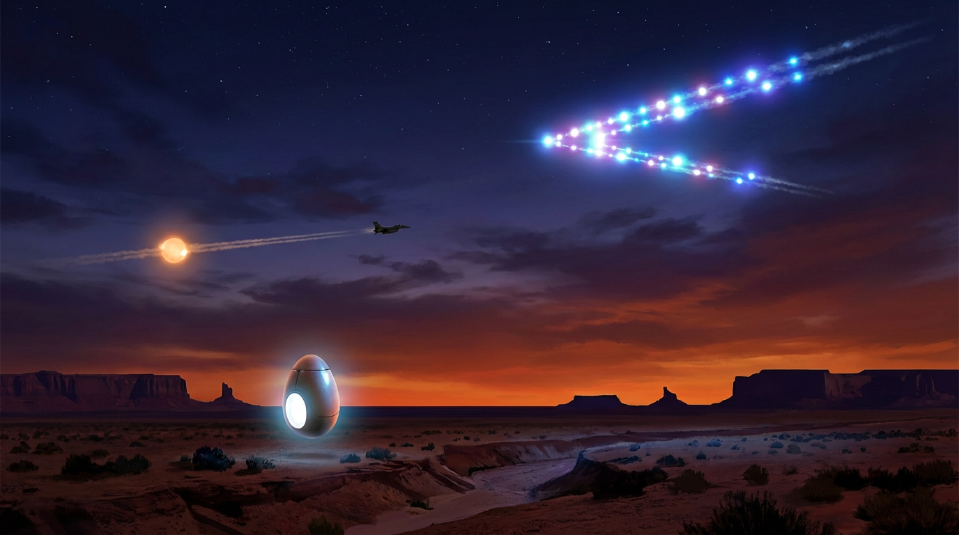 A dramatic twilight desert landscape with multiple unidentified aerial objects from famous Blue Book cases — a glowing egg shape, a V-formation of lights, and a luminous orb trailing a military aircraft