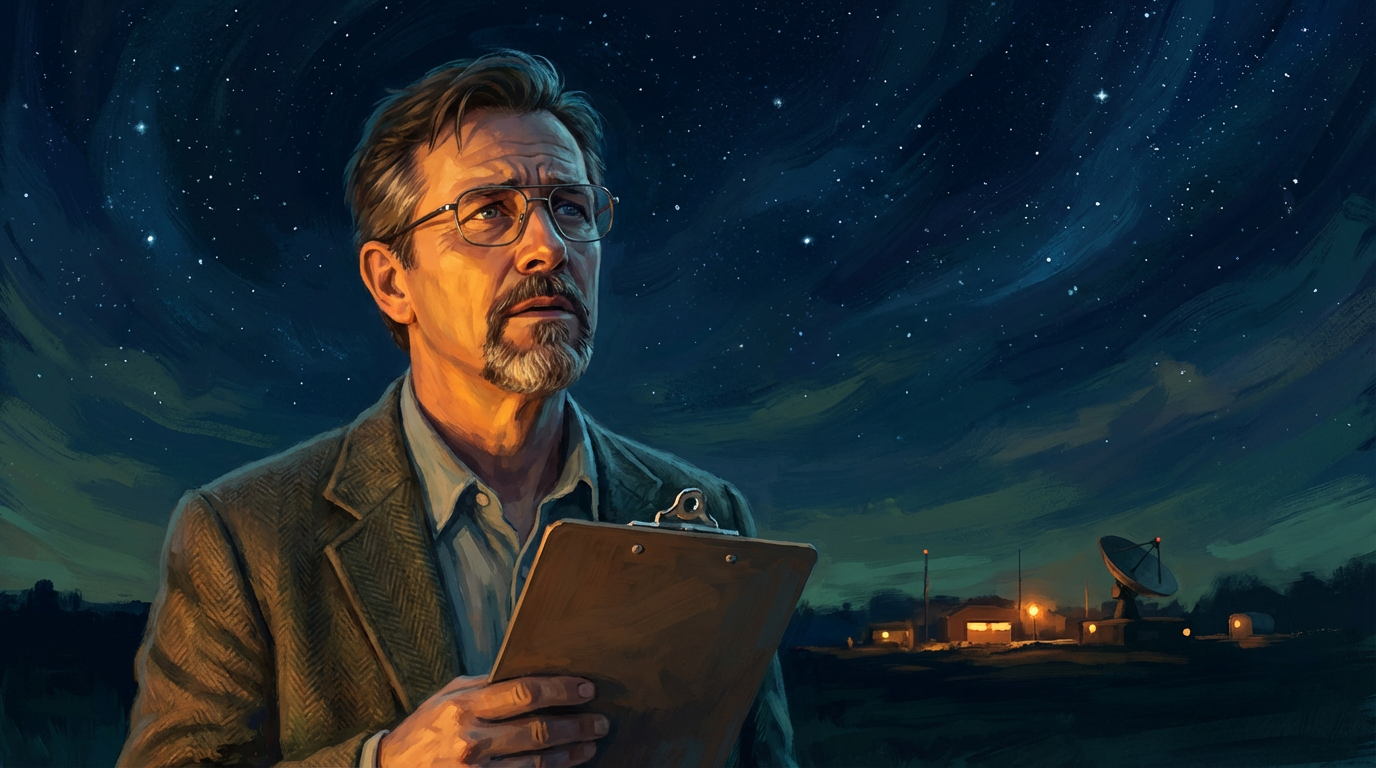 A contemplative astronomer with glasses and a tweed jacket standing outside at night looking up at a starry sky, with an Air Force base glowing on the horizon