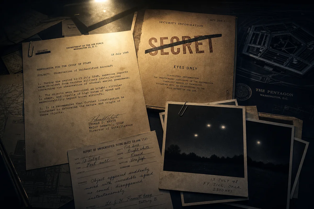 Declassified military documents with SECRET stamps crossed out, scattered on a dark surface under harsh light, with photographs of glowing orbs