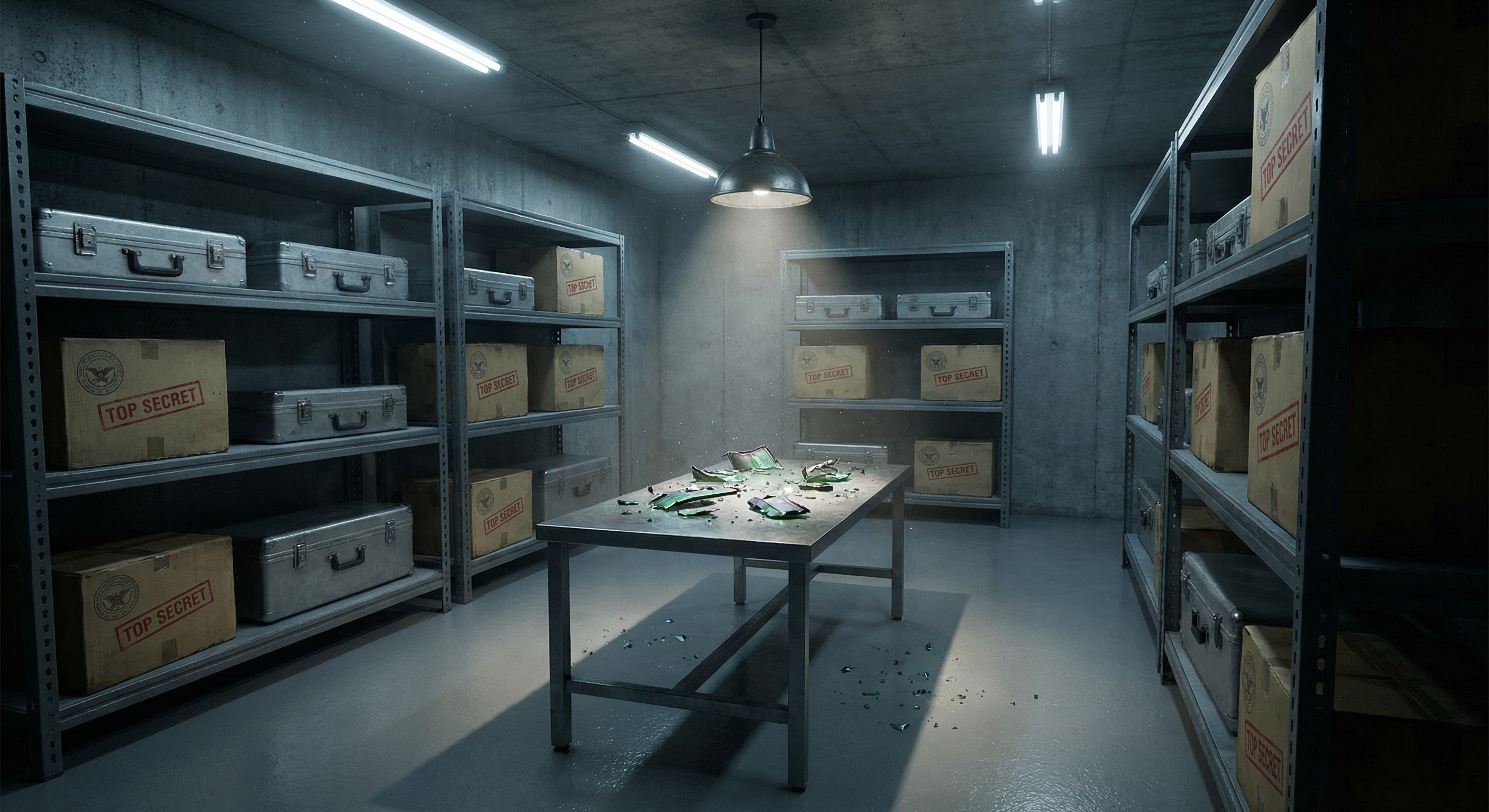 A classified government vault with metallic containers and strange iridescent material on a table under a single overhead light