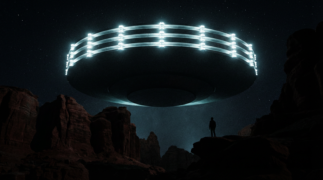 Illustration of a massive disc-shaped UFO with three rows of white lights hovering over red sandstone rock formations at night