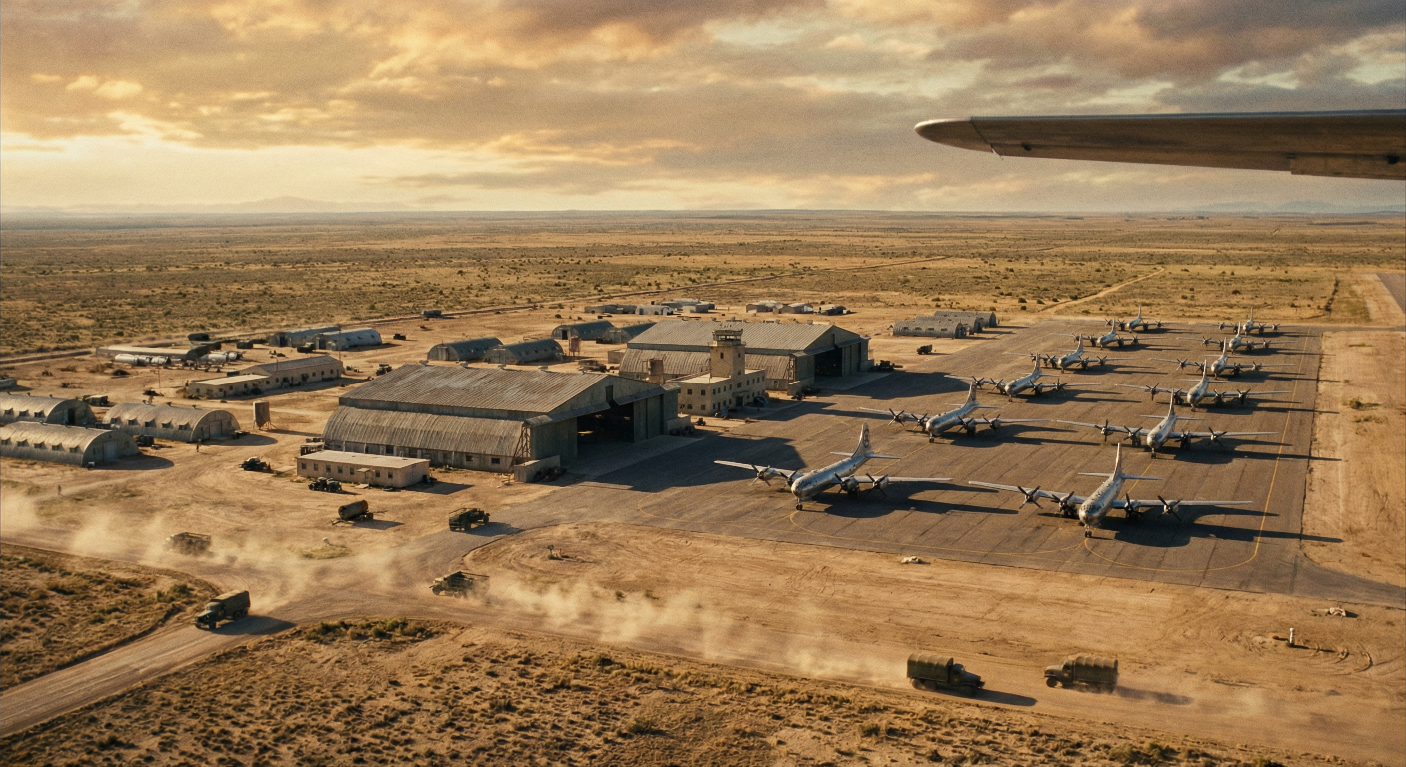 Aerial view of Roswell Army Air Field in 1947, with B-29 Superfortress bombers parked on the tarmac of the world's only nuclear-armed bomber base