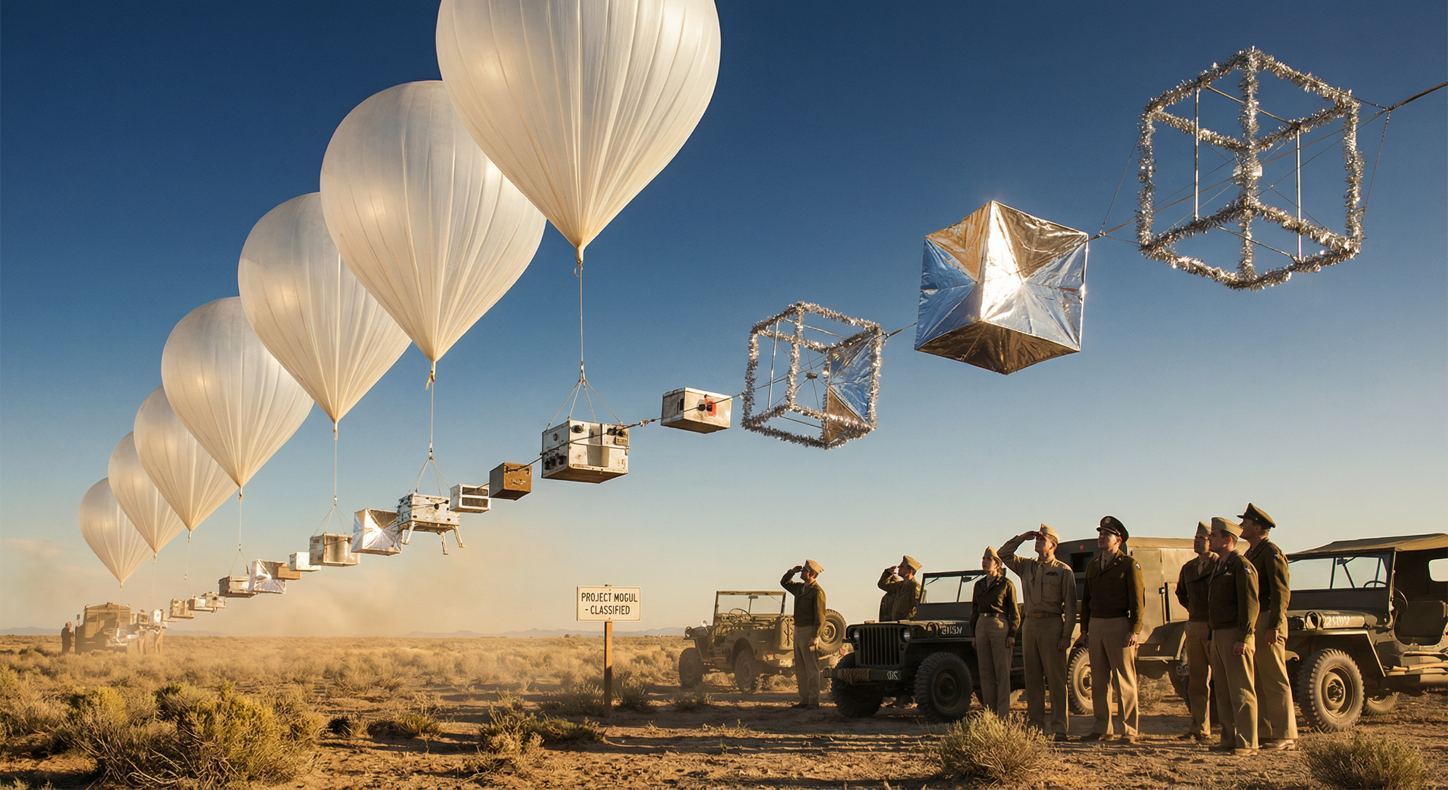 A Project Mogul balloon train launch in the New Mexico desert – a chain of white balloons carrying instruments and reflective radar targets rises into the sky while 1940s military personnel observe