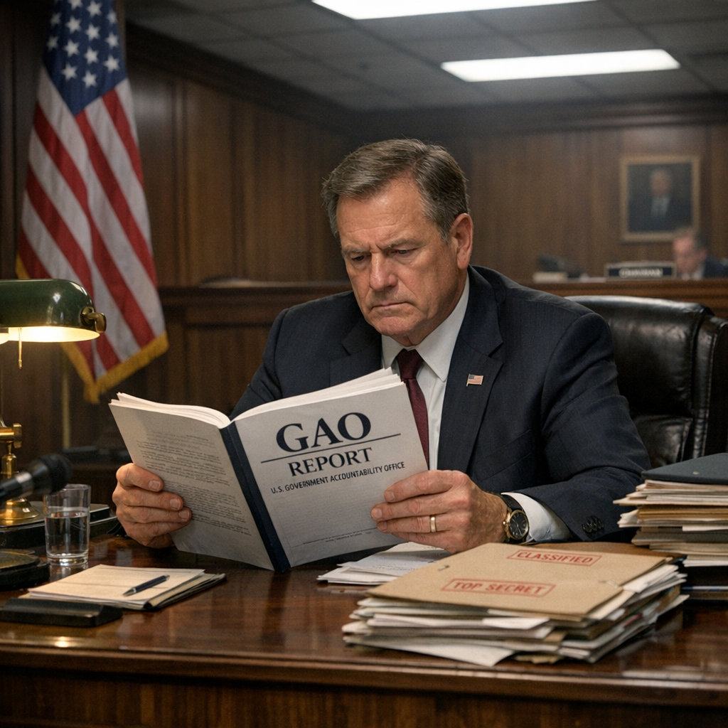 A congressman in a dark suit sits at a desk reviewing a GAO report, surrounded by classified file folders in a wood-paneled Washington office