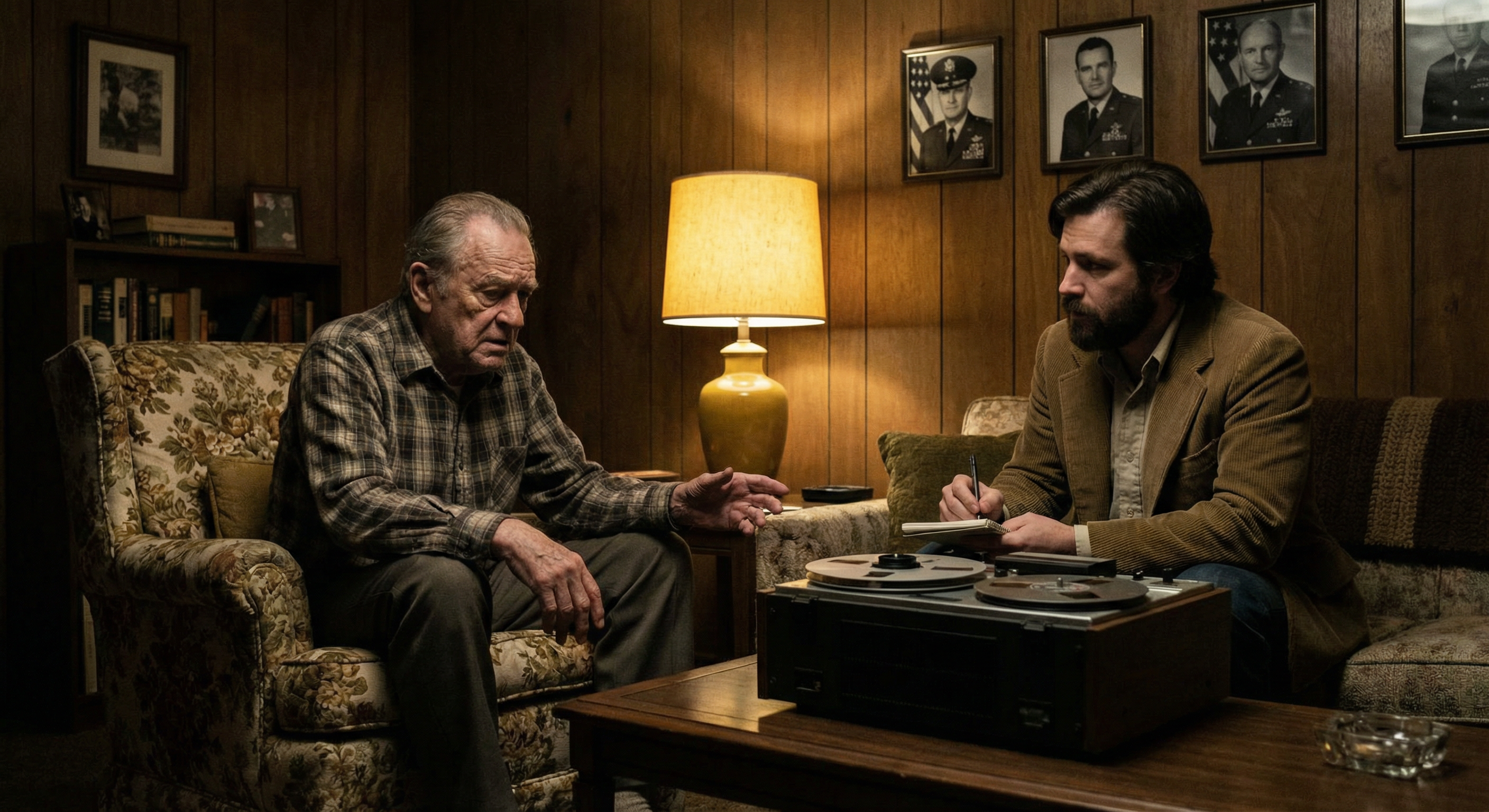 A 1970s living room interview scene – an older retired military man speaks to a bearded researcher with a tape recorder on the coffee table