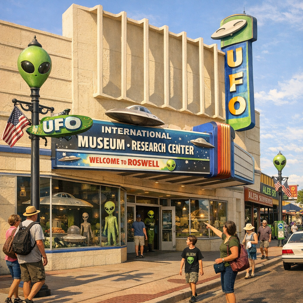 The International UFO Museum and Research Center in Roswell, New Mexico, with tourists walking along the alien-themed Main Street