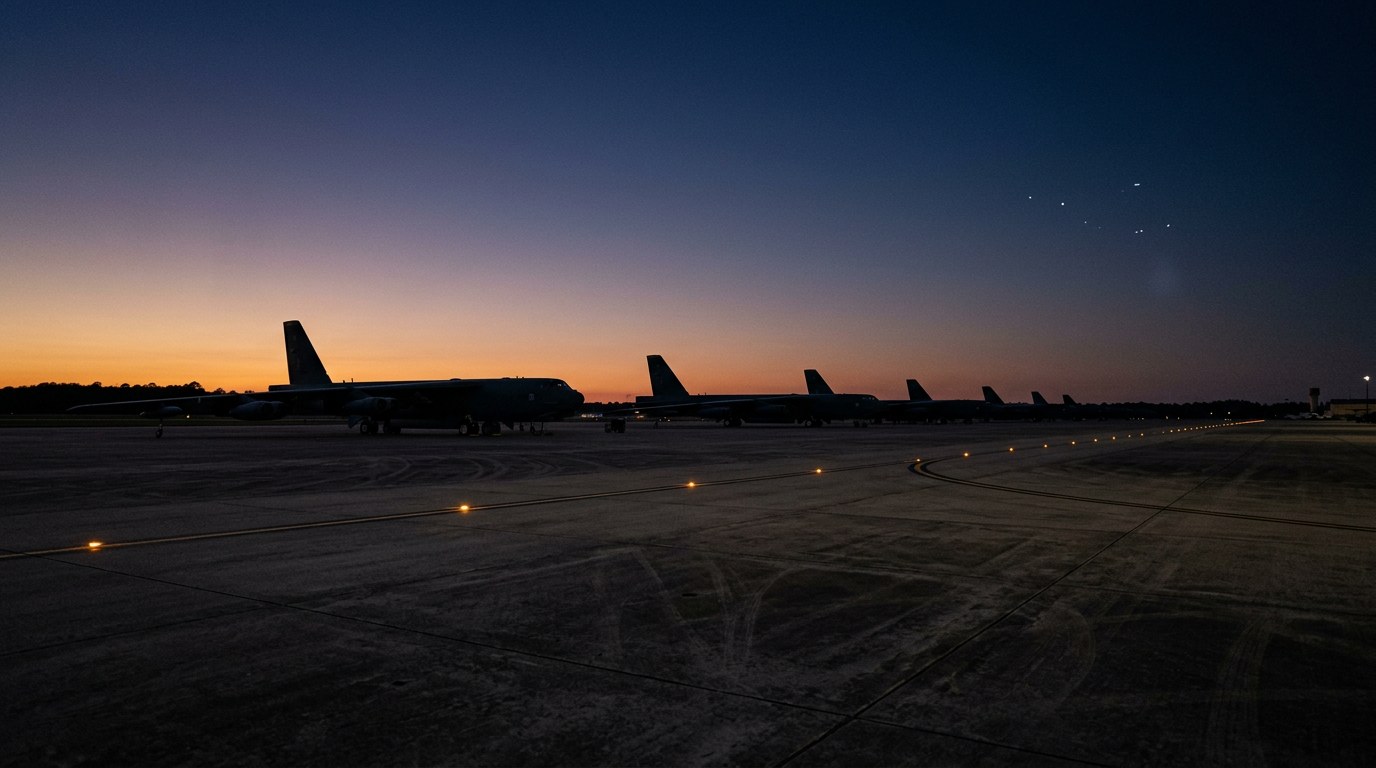 B-52H silhouettes on the Barksdale flight line at dusk with ambiguous lights in the sky