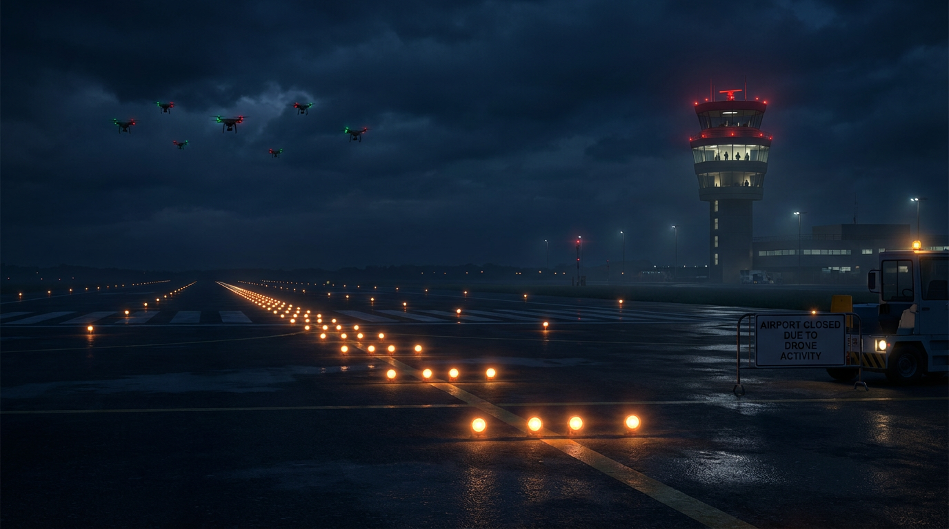 Illustration of an airport runway at night with drone silhouettes in the sky and a control tower in the background, depicting the Stewart International Airport shutdown