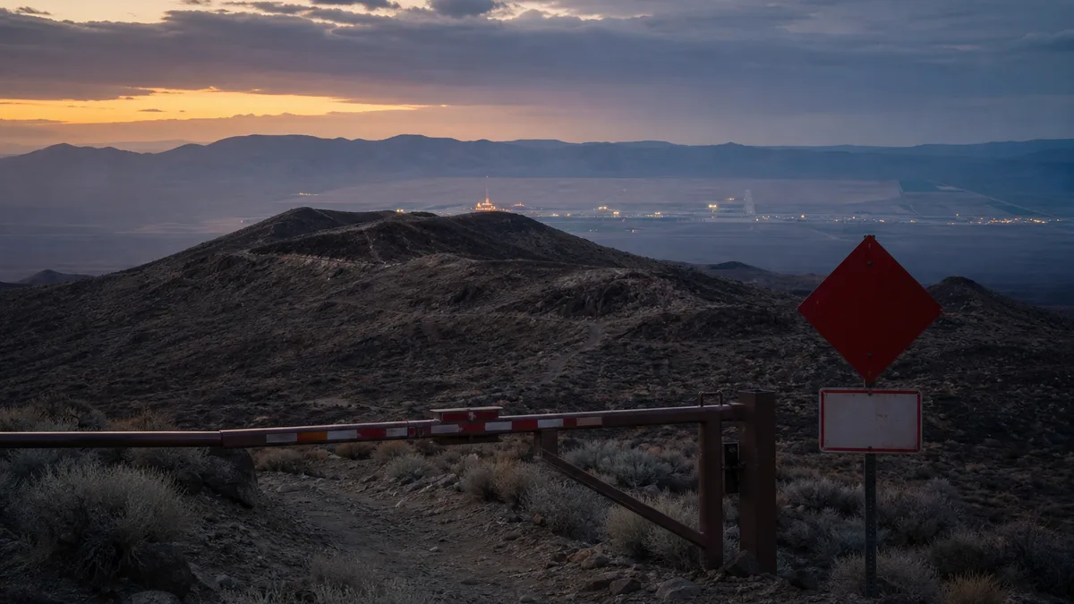 Una remota cresta del desierto de Nevada que representa Tikaboo Peak con una barrera de tierra restringida y luces distantes en el horizonte