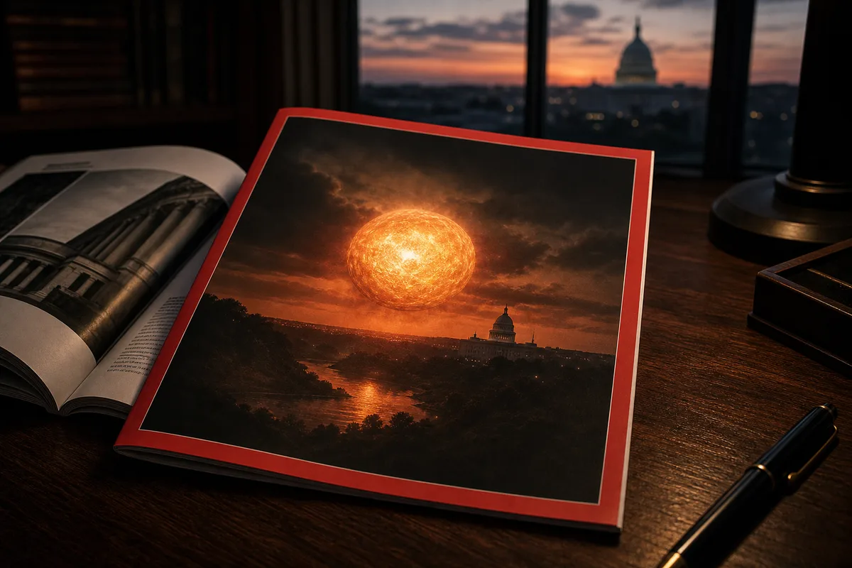Edição da revista TIME em uma mesa com um orbe brilhante sobre uma paisagem americana e a cúpula do Capitólio ao fundo