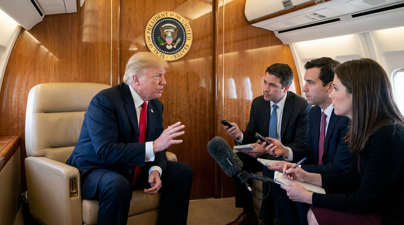 President Trump speaking to reporters aboard Air Force One, where he directed agencies to release UFO files