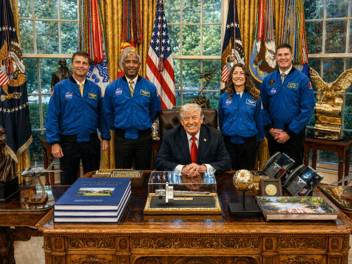 President Trump speaking with Artemis II astronauts in the Oval Office about UFO file releases