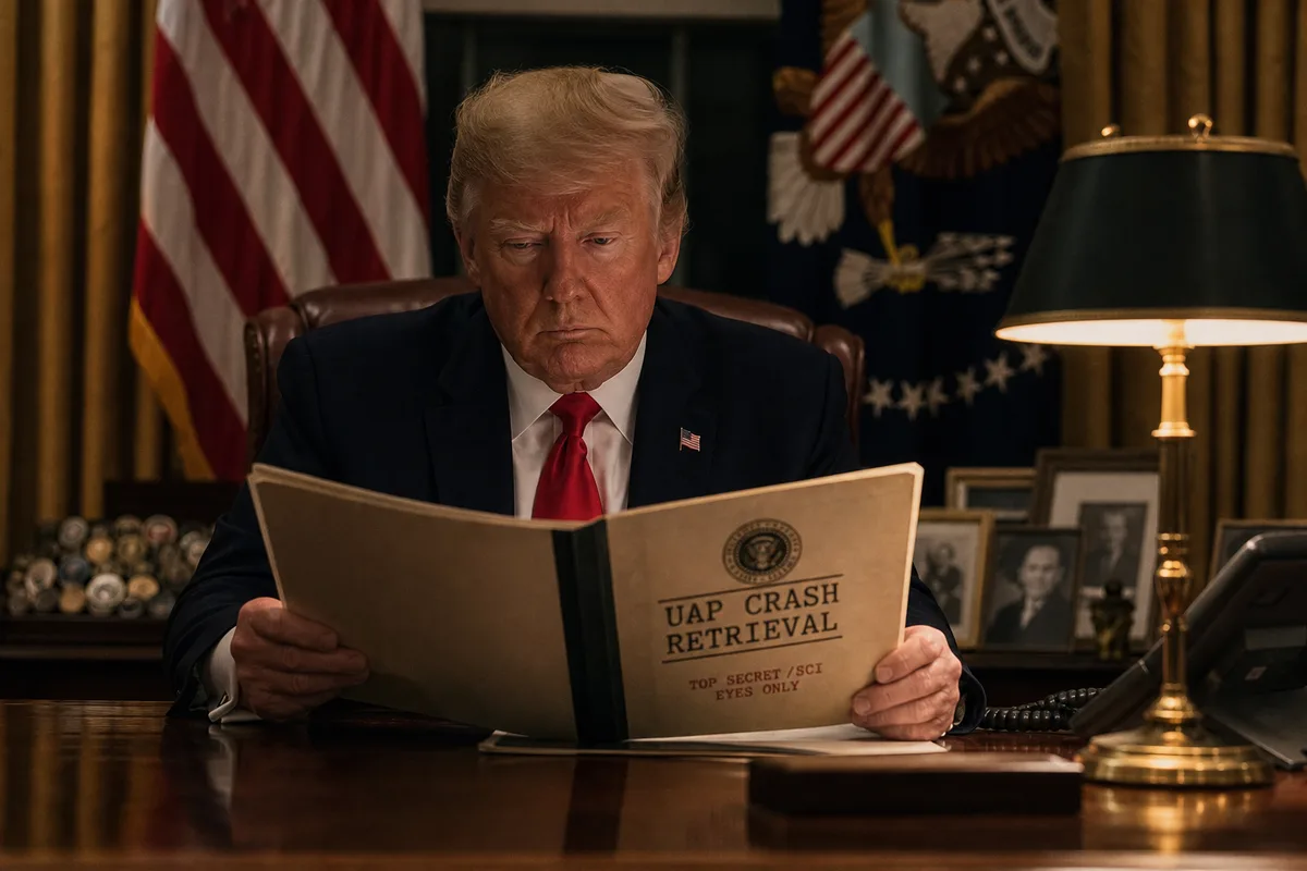 President Trump reading a classified UAP crash retrieval briefing folder at the Oval Office desk