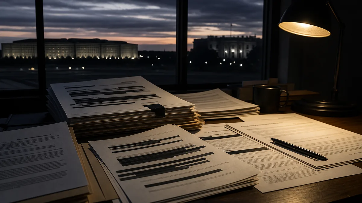 Unsigned NDA documents on a desk with Pentagon and White House silhouettes at dusk