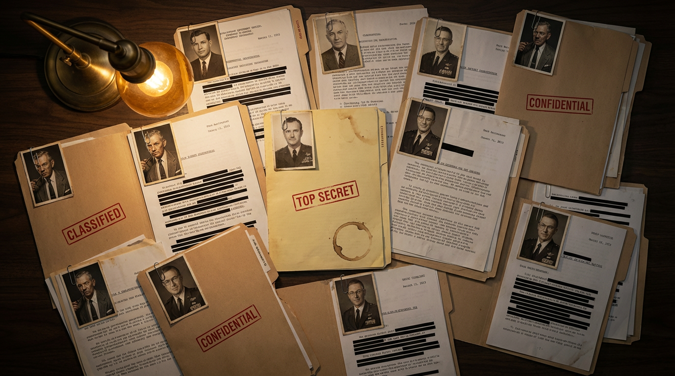 A dark corridor with redacted files and silhouettes of military officers – representing the pattern of UFO-connected figures who have gone missing or died