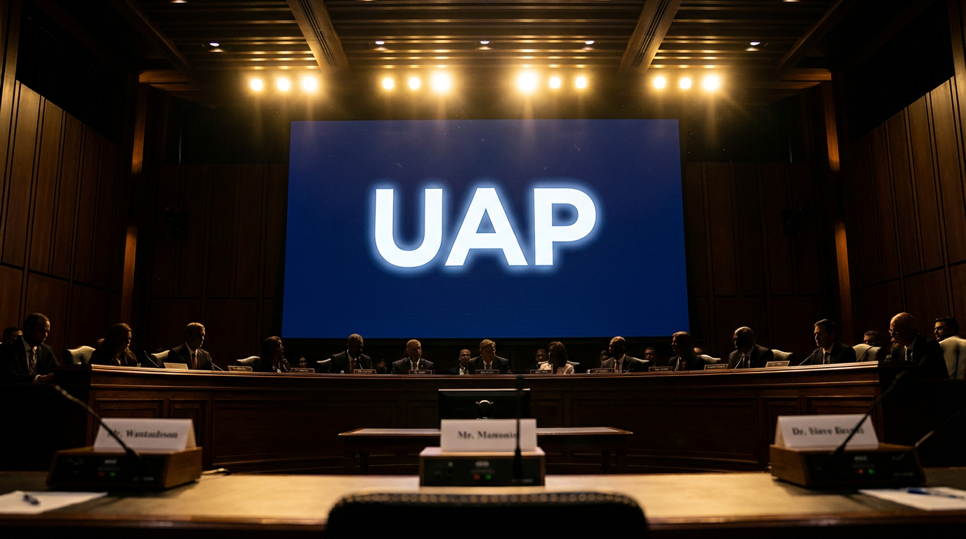 A congressional hearing room with a large screen displaying 'UAP' — the term now used in U.S. law and official reporting