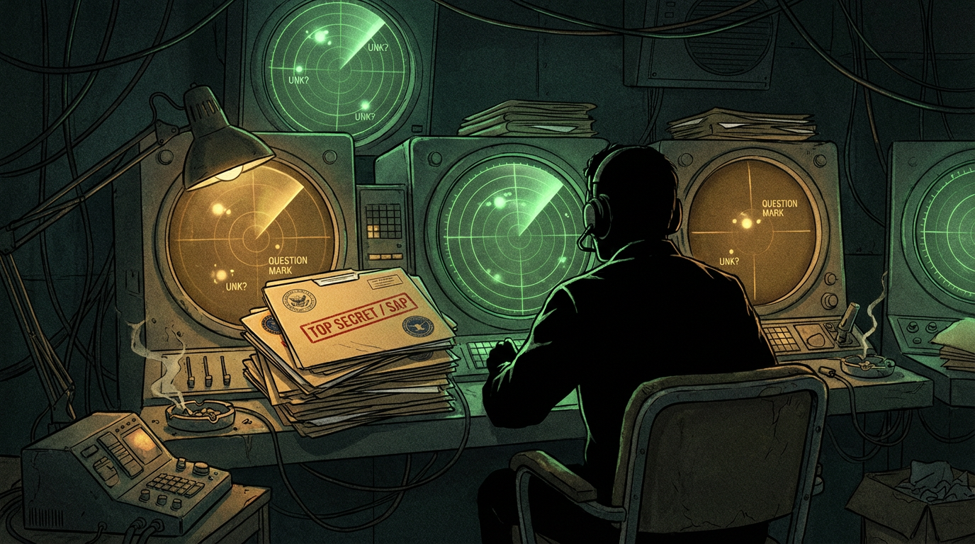 An illustration of a military radar operator monitoring unidentified contacts on green-tinted screens, surrounded by classified folders