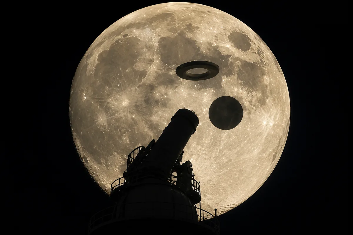 Telescopic view of the lunar disc with a dark toroid and disc silhouetted against its surface, observatory telescope in the foreground