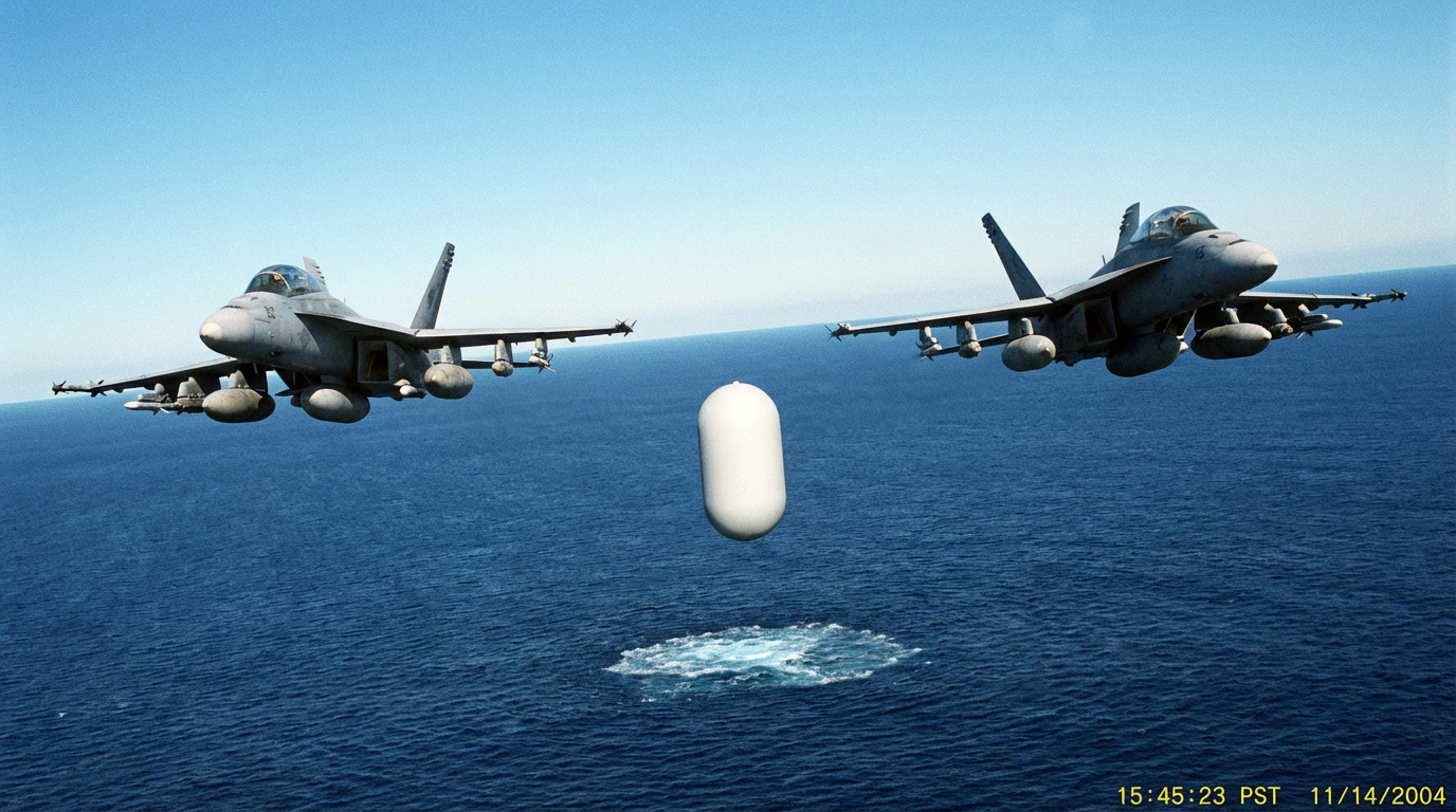 Illustration of two F/A-18F Super Hornets flying over the Pacific Ocean with a white Tic Tac-shaped object hovering between them above a patch of churning water