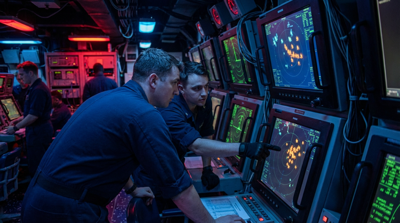 Illustration of Navy radar operators in a darkened Combat Information Center monitoring anomalous tracks on multiple screens