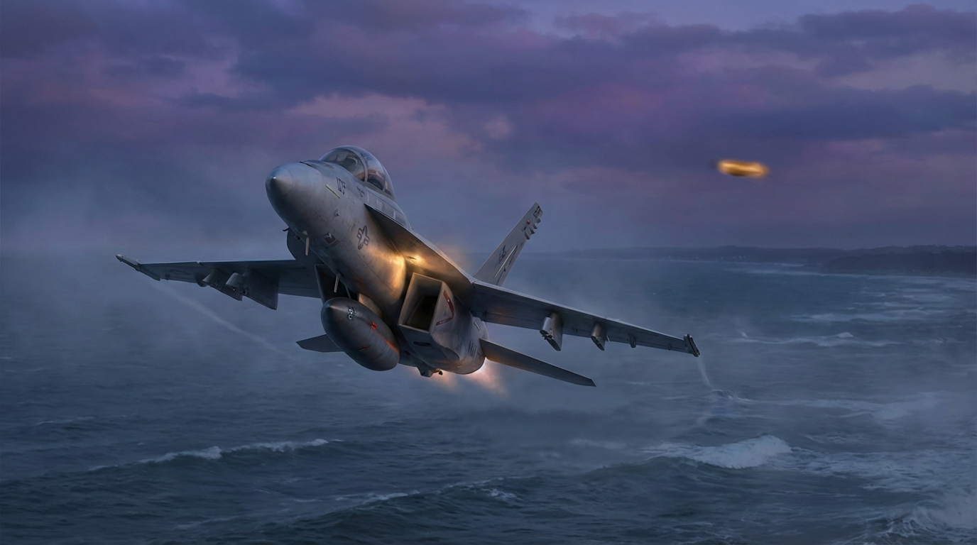 Illustration of a U.S. Navy F/A-18F Super Hornet flying over the Atlantic Ocean at dusk with an indistinct glowing object visible in the distance
