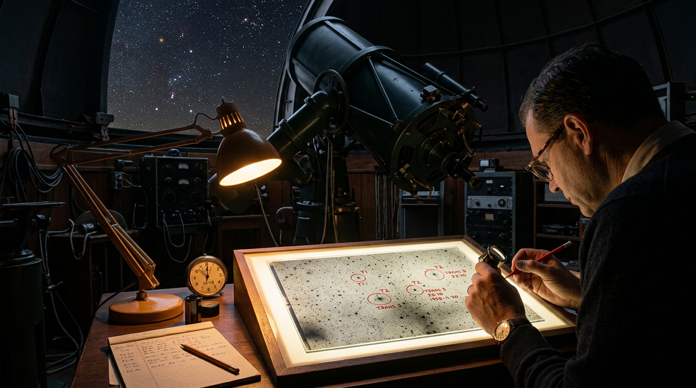 An astronomer examines a 1950s photographic plate on a light table inside an observatory dome, with transient flashes circled in red