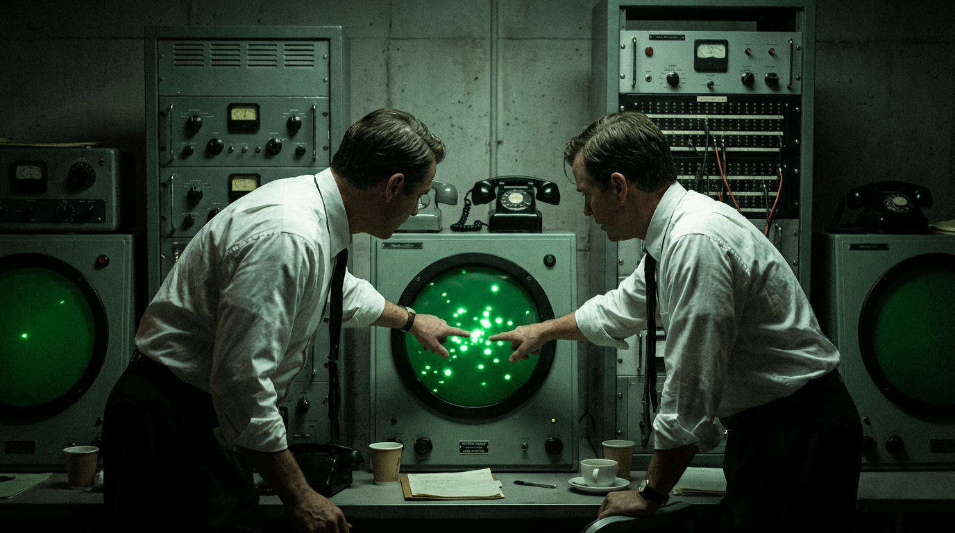 Illustration of 1950s radar operators examining unidentified blips on a green phosphor scope in the Washington National Airport radar room