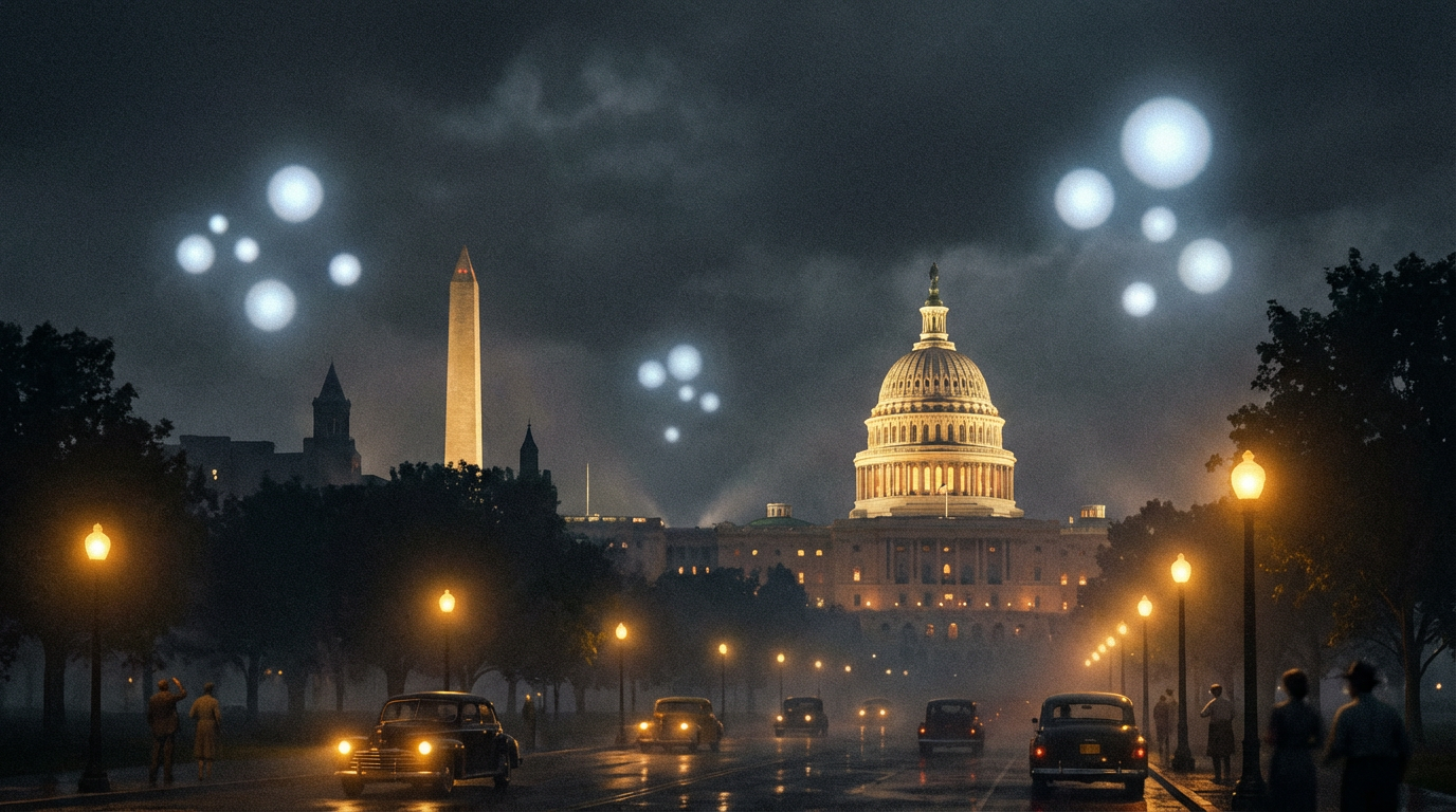Illustration of mysterious glowing orbs hovering over the U.S. Capitol and Washington Monument on a summer night in 1952