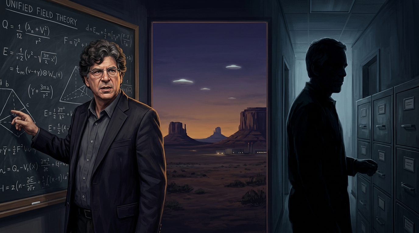 Eric Weinstein at a chalkboard of physics equations, a shadowy figure near filing cabinets, and the New Mexico desert with UFOs between them
