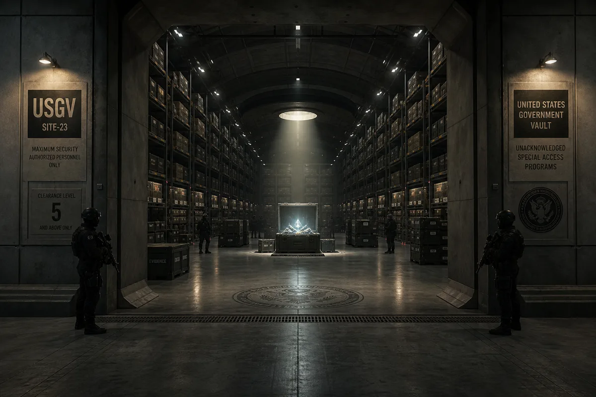 A vast underground government vault with alien technology and classified archives