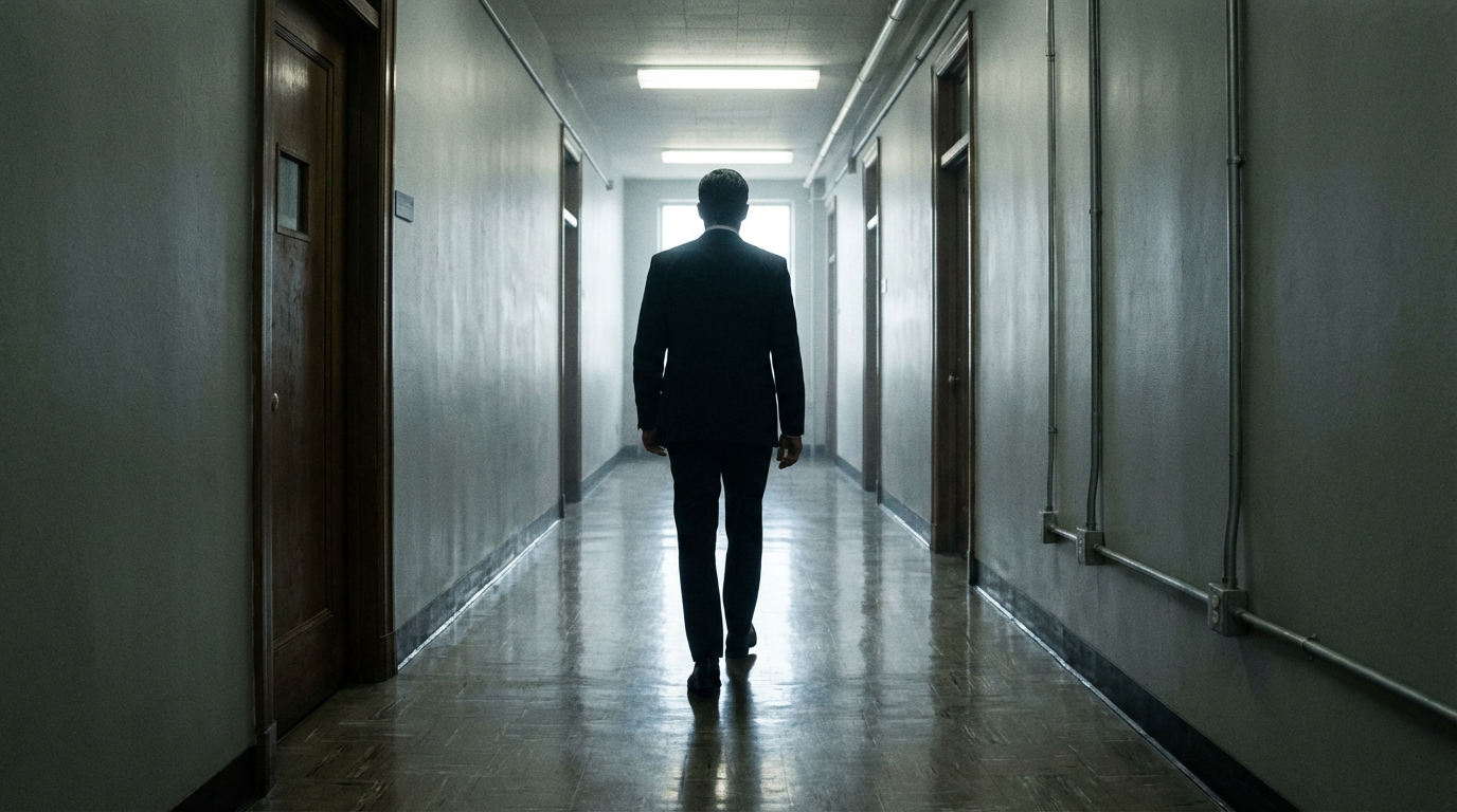 A silhouetted figure walks alone down a dimly lit government corridor