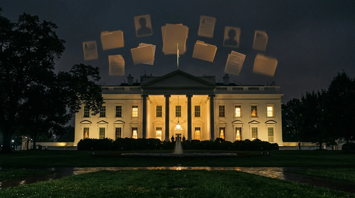 The White House at night with ghostly dossier pages floating above it – representing the missing scientists cases now under presidential review