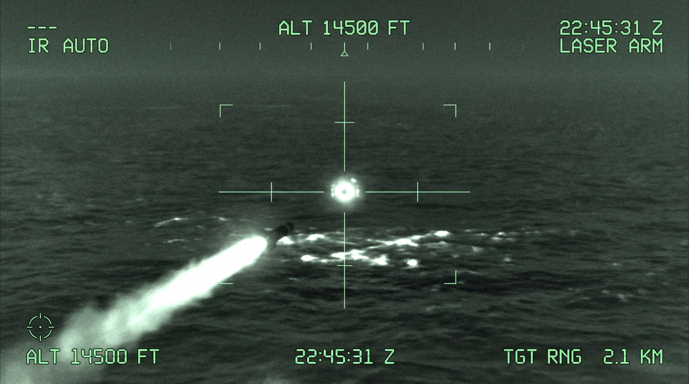 Illustration of military infrared sensor footage showing a missile approaching a bright orb over dark ocean water, with targeting HUD overlay